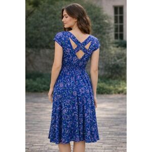 Alison‎ Peters Dress Women 10 Blue Brush Stroke Print Artsy Casual USA  Mature